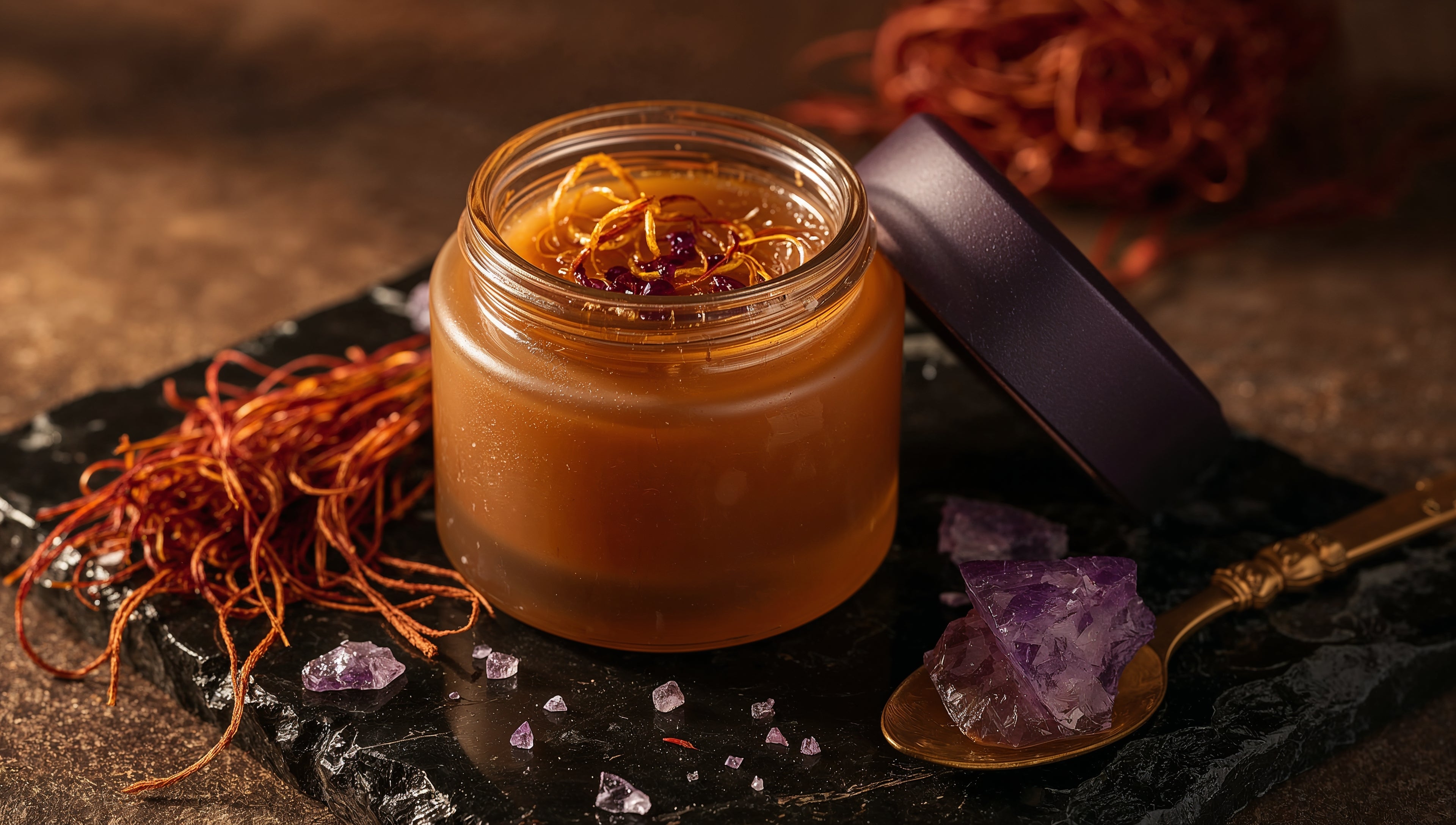 Saffron Caramel with Violet Sugar Crystals