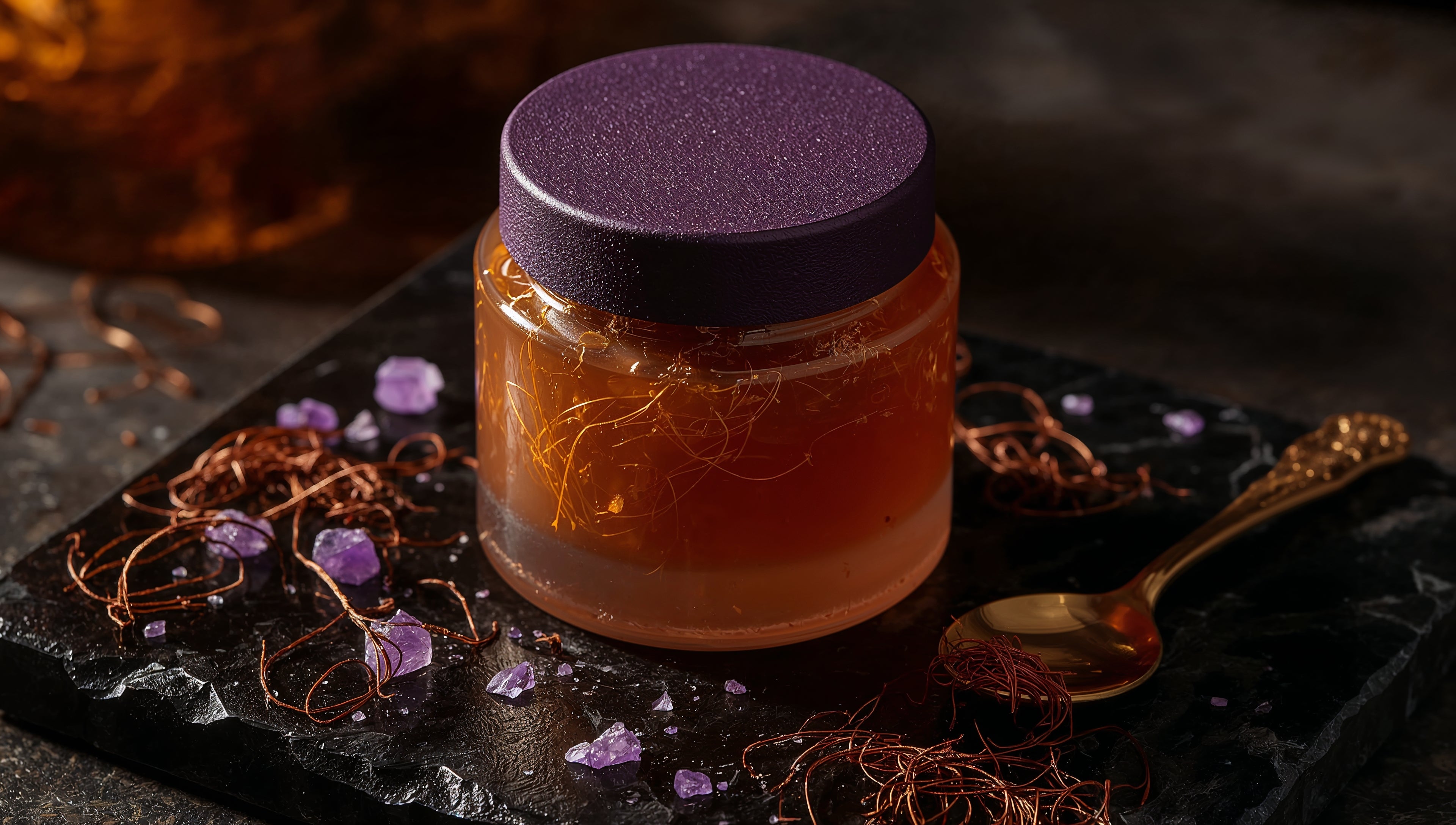 Saffron Caramel with Violet Sugar Crystals