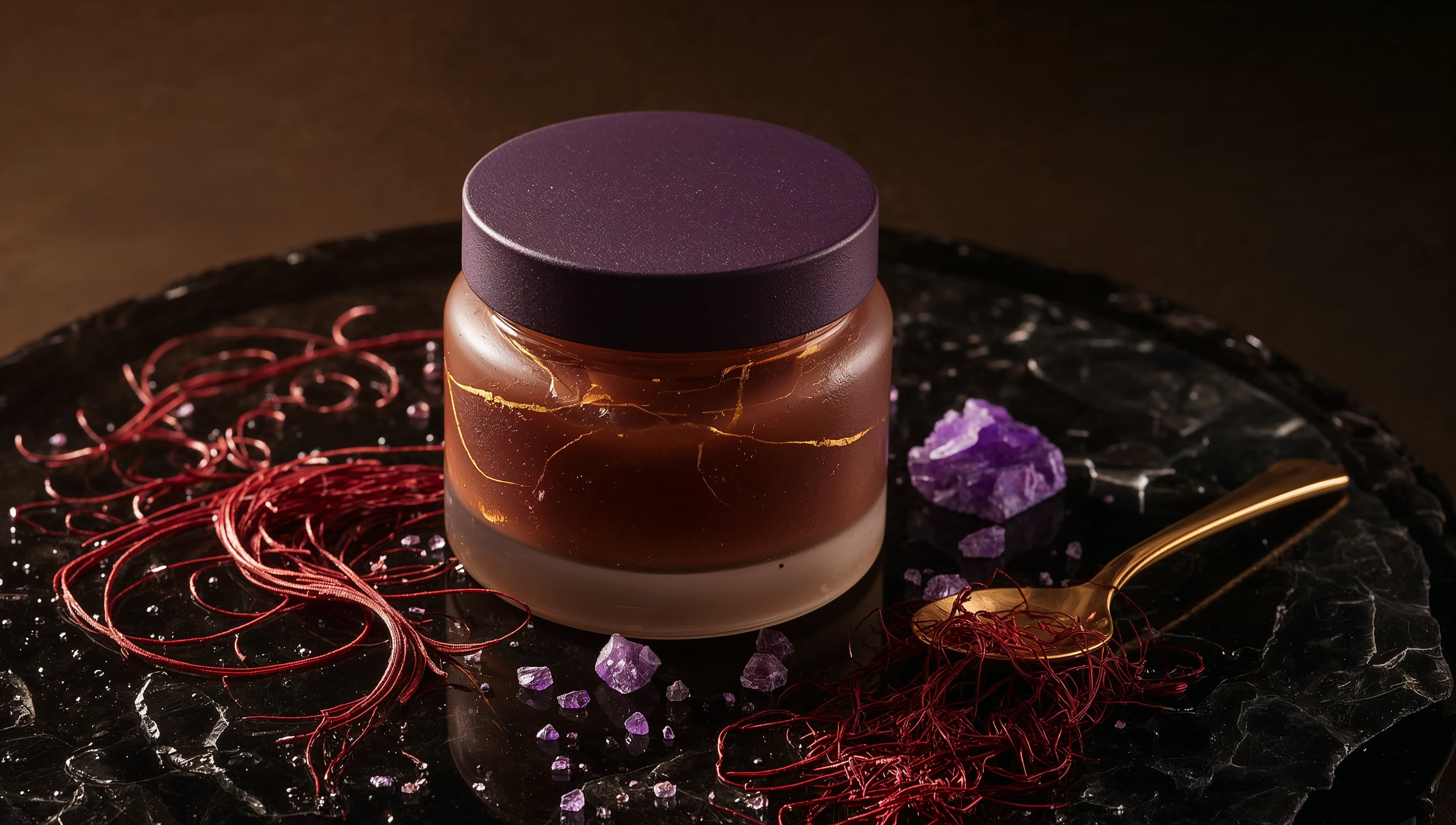 Saffron Caramel with Violet Sugar Crystals