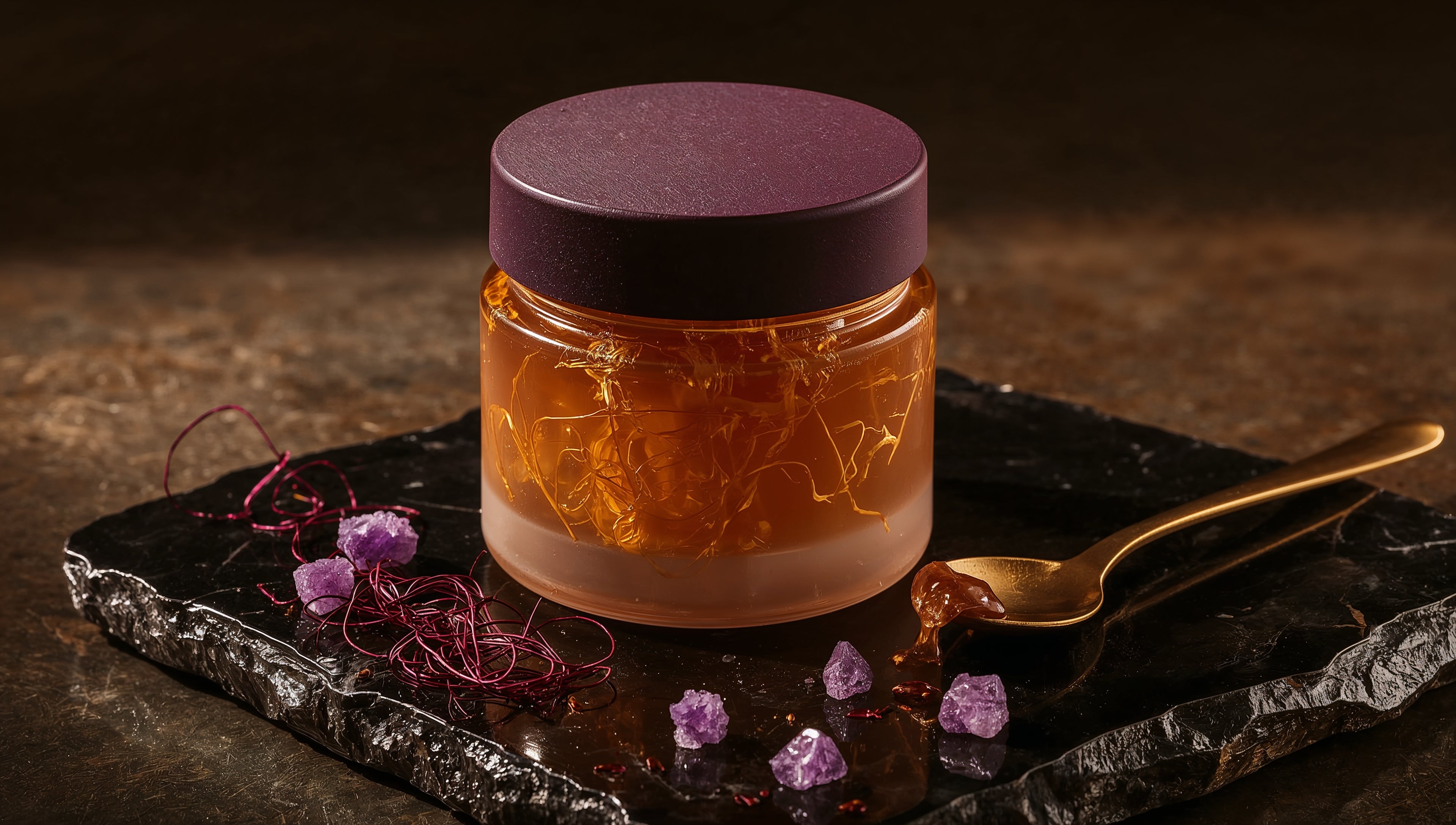 Saffron Caramel with Violet Sugar Crystals